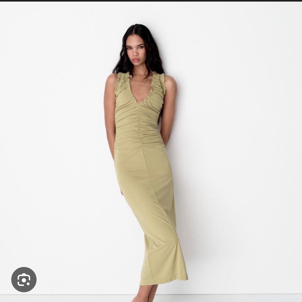 Zara Olive Midi Dress with Ruffles